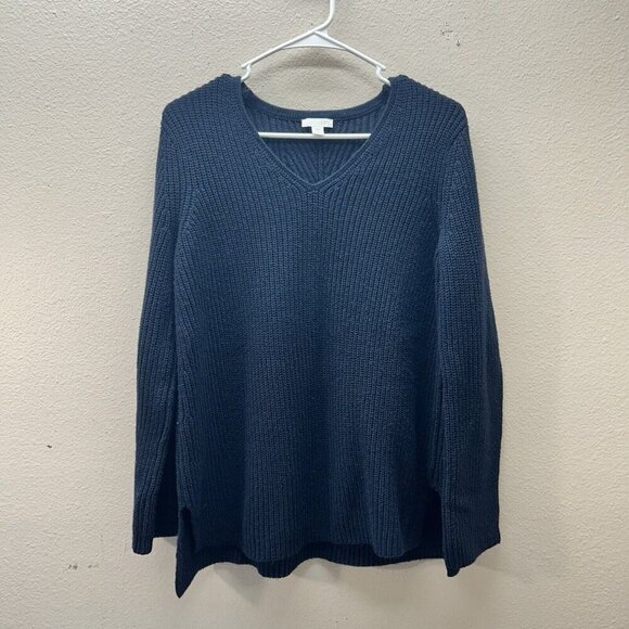 J. Jill Navy Blue Pull On Sweater Wool Blend Knit Size Small V Neck - Picture 1 of 5